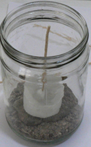 Votive and wick are placed on the stone in the candle jar